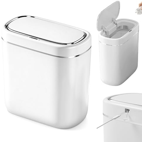 Porfoyo 9 l intelligent papperskorg med sensor, 25,5 × 14 × 27 cm USB-C sensor soptunna med lock för kontor, badrum, kök, sovrum, vit