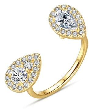 Ayoiow Goldring 585 Damen 14K Gelbgold, Offen Tropfenförmig Moissanit Vorsteckring Damen, Verlobungsring für Frauen