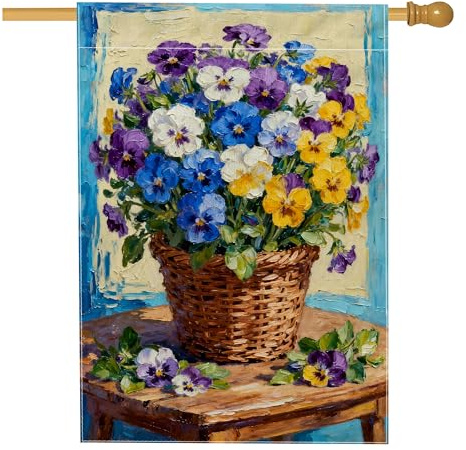 Bandera de casa de pensamiento, floral vibrante para mesa de cesta azul primavera doble cara arpillera frontal porche banderas decorativas para patio al aire libre, patio, césped, entrada, balcón, 28