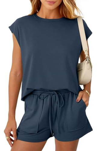 REORIA Women Crew Neck Activewear Loose Short Sleeve Lounge Wear Set Solid Color Tracksuit Co Ord Sets Two Piece Outfit