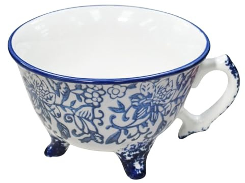 Black Country Metal Works White and Blue 'Willow' Traditional Three Feet Ceramic Tea Cup | Hand-Painted Design, 250 ml Capacity, Ceramic Three-Footed Vintage Style Mug, Unique Design & Gift