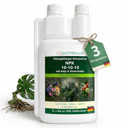 Garten Lux Flüssigdünger Konzentrat NPK 10-10-10 mit Kelp & Eisenchelat – Universaldünger für Zimmer-, Balkon-, Garten- & Nutzpflanzen, 1 Liter (250 L Gießwasser)
