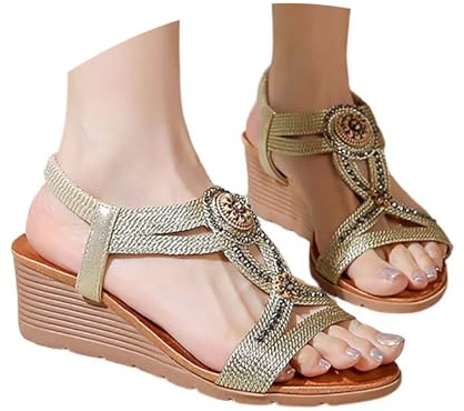 Generisch 2027 Bohemian Crystal Sandals with Elastic Toe Loop and Thick Platform Plate for Summer, gold, 8 UK