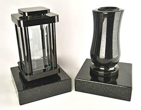 designgrab Modern Grablampe mit Vase und 2 Stück Sockel aus Granit Schwedisch Black SS1 schwarz, Grabschmuckset