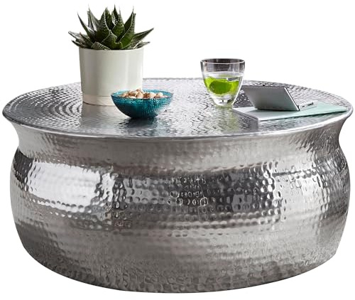 Wohnling Couchtisch 75x31x75cm Aluminium Silber Beistelltisch orientalisch rund, Flacher Hammerschlag Sofatisch Metall, Design Wohnzimmertisch modern, Loungetisch indisch Stubentisch klein