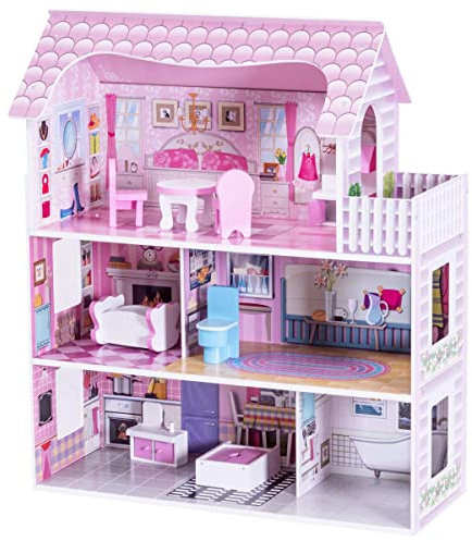 DREAMADE Maison de Poupée Enfants en Bois 62x27x70CM, Jeu d’Imitation avec 8 Meubles et Accessoires de la Dînette, Maison de Jouet avec 3 Étages, Cadeau Noël/Anniversaire
