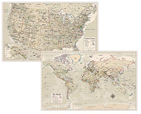 Laminierte Weltkarte & US-Karte Poster-Set – 45,7 x 73,7 cm – Wanddiagramm Karten der Welt & USA – Hergestellt in den USA – aktualisiert für 2020 (laminiert, 45,7 x 73,7 cm)