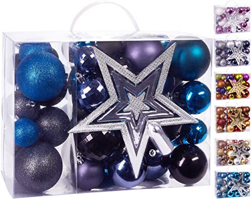 BRUBAKER 50-teiliges Set Weihnachtskugeln mit Baumspitze | Christbaumschmuck aus Kunststoff in Schwarz Lila und Blau