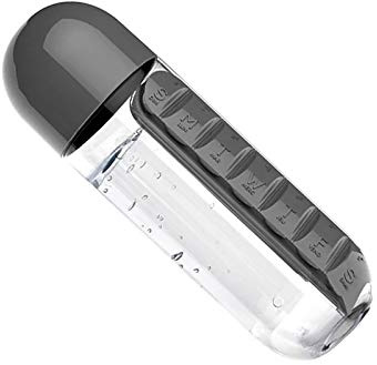 2 in 1 Water Bottle Pill Organizer Case Travel Box Outdoor Sport Drinking 1pc Black