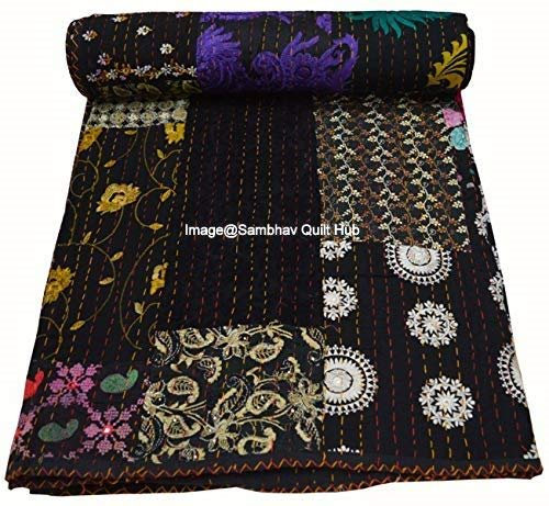 Kantha Baby Balnket Patchwork-Vintage-Überwurf, Kinderdecke, 127 x 178 cm, ultraweich und gemütlich, schwere Decke, Baumwolle, gesteppte Babydecke (schwarz)