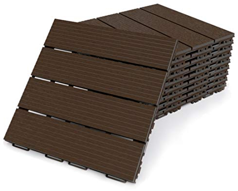 FORTENA Terrassenfliesen aus Kunststoff – 30 x 30cm, 8 Stück, 0,72 qm, Anti-Rutsch-Oberfläche, Klickfliesen in Holzoptik, Bodenbelag, braun, dunkel, witterungsbeständig