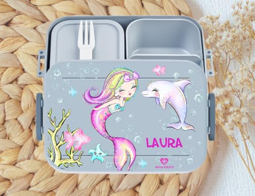 wolga-kreativ personalisierte Mepal Brotdose Kinder mit Fächern Meerjungfrau Delfin - Jausenbox Kindergarten, Lunchbox Schule Geschenk Einschulung Brotbox