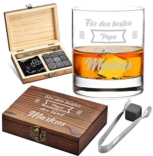 5-TLG Set Kühlsteine mit personalisierter Gravur - 9x Kühlsteine, 1x Whisky Tumbler, 1x Zange und 1x Beutel, 1x Holzbox - wiederverwendbare Eiswürfel - für kalte Getränke - Motiv Bester Papa der Welt