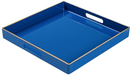 Vassoio decorativo, vassoio da portata blu reale con manici, vassoio quadrato in plastica per ottomana, bagno, cucina, 33 x 33 x 4 cm