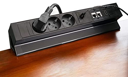 Elbe Inno Tischsteckdose 3 Fach, mit Typ-A und einen Typ-C-USB-Ladeanschluss, 2 RJ45, HDMI, klemmbare Mehrfachsteckdose mit 1,5m Anschlusskabel, für Büro, Küche