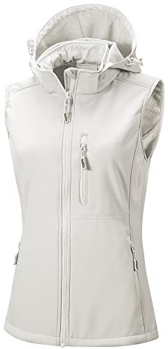 33,000ft Damen Softshell Westen mit Abnehmbare Kapuze Fleece Gefütterte Ärmellose Jacke Wasserdichte Winddichte Sportwesten Vest mit 5 Taschen für Reiten Laufen Wandern Weiß L