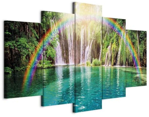 B&D XXL - Leinwandbild Wasserfall Regenbogen, 150x75 cm, 5-teilig, modern | Hochwertige Leinwand, sofort aufhängbar, ideal fürs Wohn- oder Schlafzimmer, wasserfest und lichtecht, langlebig, stilvoll