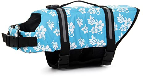 Hundeschwimmweste, reflektierend, Rettungsweste für Hunde, verstellbar, mit Rettungsgriff, für Schwimmen und Bootfahren, Blume, Blau, S