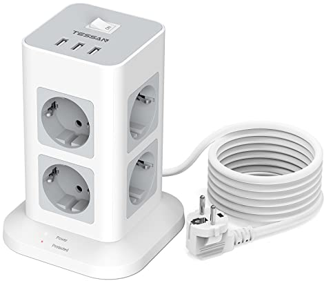 TESSAN 8 Fach Mehrfachsteckdose mit USB C, 3M Verlängerungskabel, Steckdosenleiste Überspannungsschutz mit 3 USB Mehrfachstecker, Verteilersteckdose mit Schalter, 3600W Steckdosenturm
