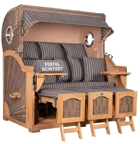 MR. DEKO® Strandkorb Düne Grande XXL 3-Sitzer Teak | PE Geflecht Grey | Volllieger Strandkörbe Teakholz fertig montiert | 2 Bullaugen & 3 Fußablagen | Liftersystem & Polster & 6 Kissen | Dessin 500