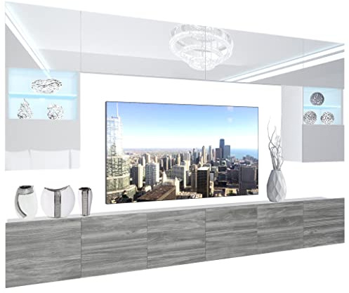 BELINI Wohnwand Schrankwand NEX 1 mit LED-Beleuchtung, Weiß/Eiche Glamour | Vollausstattung Wohnzimmer-Set Moderne Schrankwand Anbauwand TV-Schrank