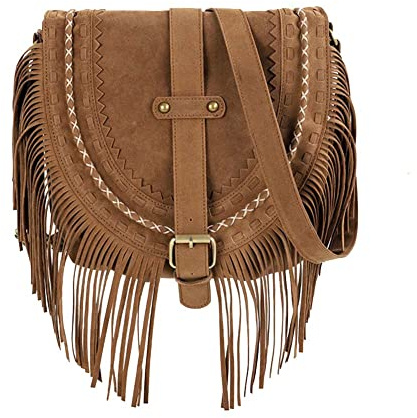 Adurello Borsa a tracolla da donna con frange in pelle scamosciata, Borsa Crossbody, Marrone