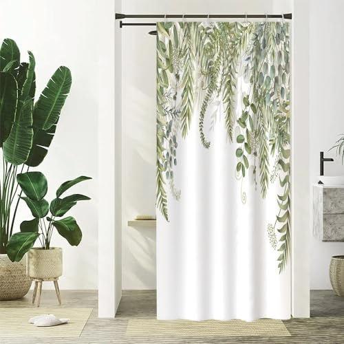 Uiiooazy Duschvorhang 90x180cm Anti Schimmel Blau Grüne Blätter Eukalyptus | Duschvorhang Salbeigrün Pflanzen Blumen Wasserdicht Waschbar Stoff Polyester Bad Vorhang mit 6 Haken für Badezimmer