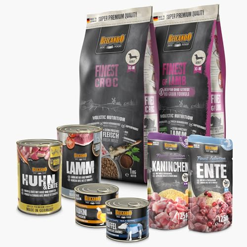 BELCANDO Hundefutter Kennenlernpaket Mini, 2 Sorten Trockenfutter und 6 Sorten Nassfutter für kleine Hunde, ohne Zusatzstoffe, für kleine Rassen, Made in Germany