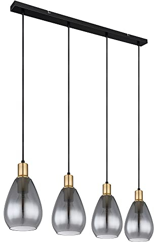 Hängelampe Pendelleuchte rauchglas 4 Flammig schwarz Wohnzimmer Deckenleuchte hängend, Metall messing, E27 Fassungen, LxBxH 90x15x120 cm
