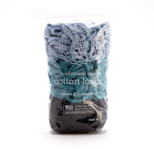 Friendly Loom Lotta Loops by - Atlantic Pack (Traditional Size) Powder Blue, Peacock, Dark Navy Cotton Loops Makes 6 Approx 6 x 6 Potholders by Harrisville Designs Made in The USA