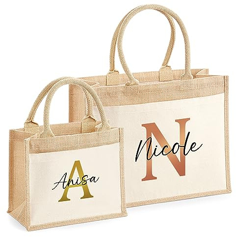 mamir home Jute/Baumwoll Tasche Initial + Name | personalisiert in Wunschfarbe | 2 Größen | Geschenktasche, Tasche modern, Geburtstag