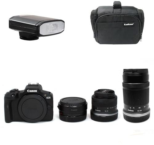 KamKorda Camera Bag + Flash + R Mount Adapter + R100 Mirrorless Camera + RF-S 18-45 f/4.5-6.3 IS STM + RF-S 55-210mm f/5-7.1 IS STM Lens, 24.1MP APS-C CMOS Sensor, 4K Video + 2 Year Warranty