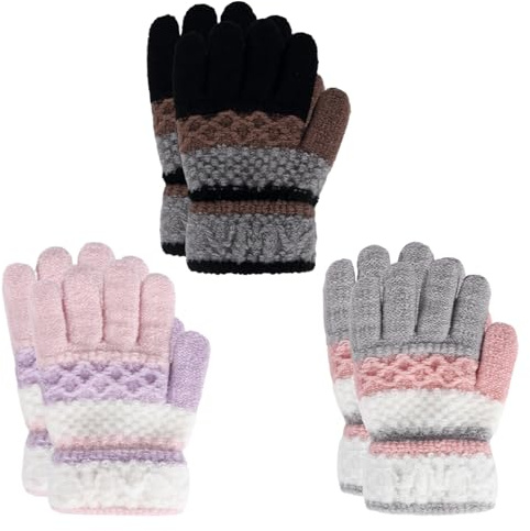 Fadcaer 3 Pairs Kids Winter Gloves, 3-8 Years Knit Gloves Thermal Full Finger Gloves Stretchy Warm Kids Gloves Multipack Children Soft Warm Gloves for Boys Girls Riding Cycling Bike Outdoors Sports