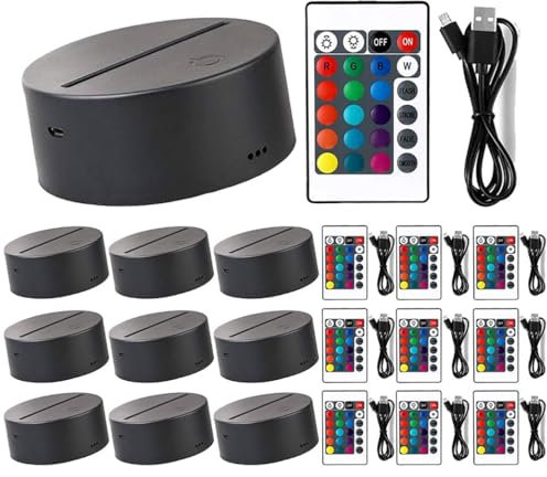 Genérico Base de lampara led 3d acrílico multicolor con mando a distancia y cabe USB. 10 unidades. Base circular de luz led de 16 colores para realizar lámparas de metacrilato personalizadas.