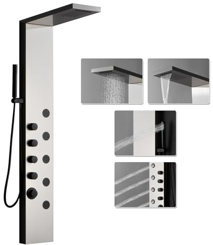 BATHLAVISH Gebürstetes Nickel Badezimmer Duschturm 304 Edelstahl Duschpaneele System mit Regendusche 4 Regenmassage-Körperdüsen für Zuhause Hotel Resort Badezimmer WC