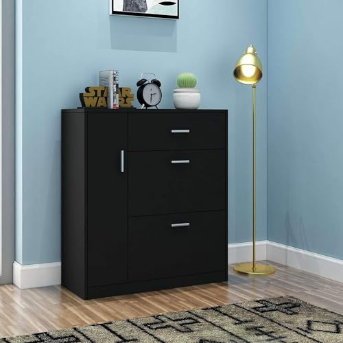 Schuhschrank, Schuhkipper Schmal, Schuhkommode Schwarz mit Schublade – Holz Schuhschrank Organizer für 20 Paar, 2 Klappen + 1 Schublade, Platzsparende Schuhaufbewahrung 84 x 30 x 91 cm