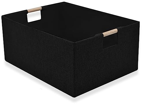 xianshengle Fabric Storage Basket for Shelves, Collapsible Storage Bins with wood Handles, Rectangle Closet Baskets, Wardrobe Organiser, for Sorting Clothes, Family Items (Black) (1)