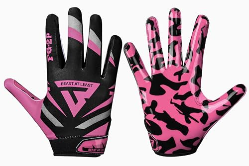 Beast AT Least Youth Football Gloves, Sticky Wide Receiver Gloves for Kids & Adults, Enhanced Silicone Grip for Flag Football Men Women (Pink, Youth XL/Adult M)