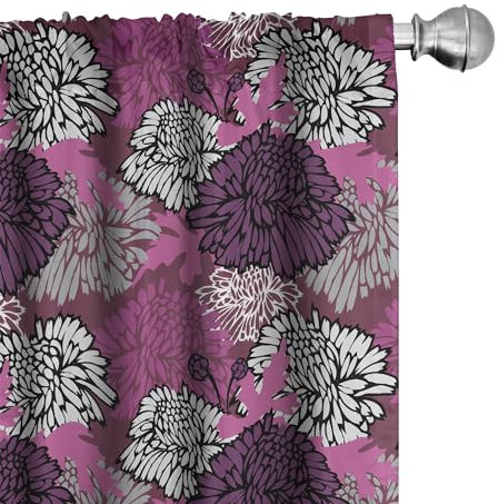 ABAKUHAUS Dahlie Vorhänge 2er-Pack, Zeichnung von großen Chrysanthemenblüten und -knospen in den Schatten von Purpur, 4 Stück 150 cm x 245 cm, Baby Pink Aubergine Weiß