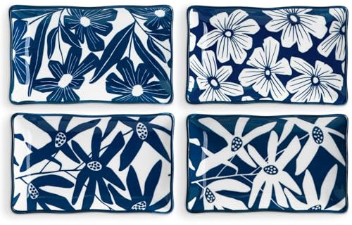 ONEMORE Set di 4 piatti da portata piccoli da 19,1 cm, piatti rettangolari in porcellana per dessert, insalata, sushi, piatti piani blu e bianchi, adatti a microonde e lavastoviglie, resistenti ai