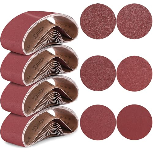 Les bandes abrasives en oxyde d'aluminium comprennent des bandes abrasives de 10,2 x 91,4 cm (grains 80/120/150/240/400) et un disque de ponçage autocollant sans trou en oxyde d'aluminium de 15,2 cm