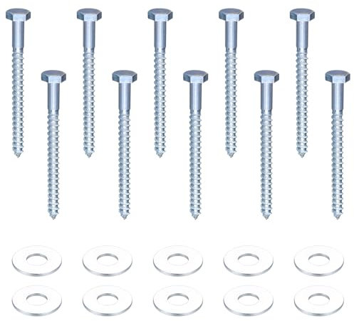 10 Stück M10 Sechskant Holzschrauben, 10 x 120 mm Verzinktes Sechskantschrauben mit Unterlegscheiben, Schlüsselschrauben Sortiment Set, DIN 571 & DIN 9021