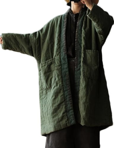 NFYM Women's Quilted Knee Length Coat Open Front Kimono Style Jacket Handmade Threading Outwear for Winter (US, Alpha, One Size, Regular, Regular, Green)