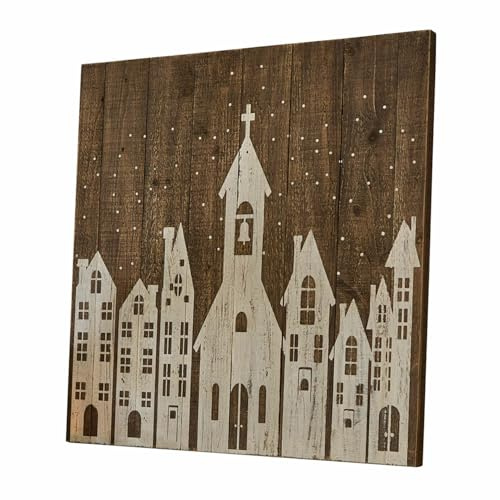 Loberon Dekoboard Luce, antikbraun/weiß | Stimmungsvolles Häuser-Motiv - Landhaus-Stil - Rustikales Finish - Handgefertigt - Winterliches Flair - Tannenholz - Eisen