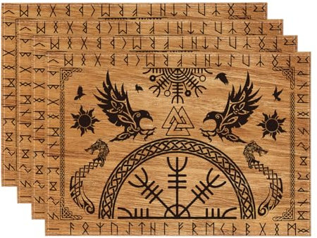 Artoid Mode Juego de 4 manteles individuales con diseño de árbol vikingo de la vida, 30 x 45 cm, diseño de cuervo