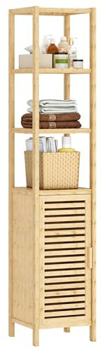 soges Étagère de Salle de Bain avec Armoire de Toilette en Bambou à 4 Étages, Meubles Colonnes Meuble de Rangement pour Salle de Bain, Salon, 34 x 33 x 170 cm