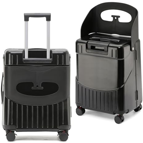CyyKcc Maleta para niños con función de Asiento, Maleta para niños de 20 Pulgadas con 4 Ruedas bloqueables, 53x35x28cm Caso Duro Negro