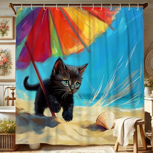Cortina de ducha con diseño de gato, colorido paraguas para decoración de baño, primavera y verano, moderno, juego de cortina de ducha de tela impermeable con ganchos, 62 x 72 pulgadas