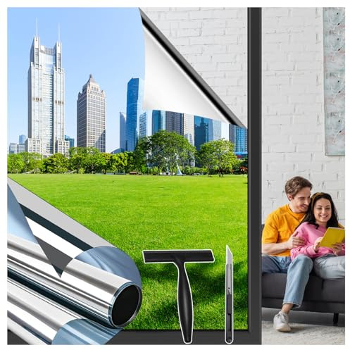 Niviy Vinilos para Cristales Espejo 44.5x300cm Vinilo Espejo Unidireccional Adhesivo Anti UV Anti Calor Vinilo Ventana Privacidad para Cocina Puertas Cristal Bano Plata