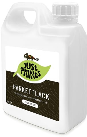 Just Paints - Parkettlack auf Wasserbasis | Seidenmatte Versiegelung für Holzböden, schnelltrocknend & umweltbewusst - made in Germany (farblos - seidenmatt, 1L)